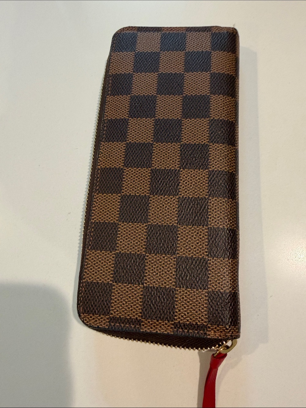 Louis Vuitton Brown Damier Ebene Zip-Around Wallet with Red Pull
